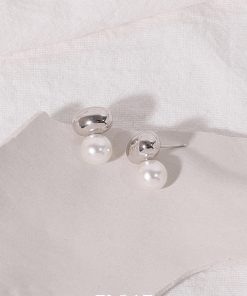 Geometric Silver Round Ball Pearl Stud Earrings for Women - Floating Cool Style Minimalist French Ear Clips