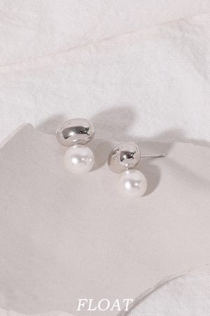 Geometric Silver Round Ball Pearl Stud Earrings for Women - Floating Cool Style Minimalist French Ear Clips