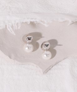 Geometric Silver Round Ball Pearl Stud Earrings for Women - Floating Cool Style Minimalist French Ear Clips
