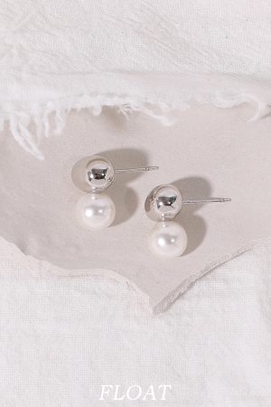 Geometric Silver Round Ball Pearl Stud Earrings for Women - Floating Cool Style Minimalist French Ear Clips