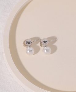 Geometric Silver Round Ball Pearl Stud Earrings for Women - Floating Cool Style Minimalist French Ear Clips
