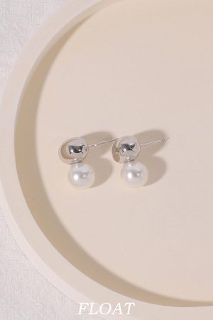 Geometric Silver Round Ball Pearl Stud Earrings for Women - Floating Cool Style Minimalist French Ear Clips