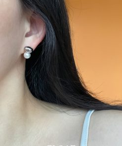 Geometric Silver Round Ball Pearl Stud Earrings for Women - Floating Cool Style Minimalist French Ear Clips