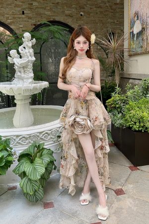 Gilded Swan Strapless Dress with Heavy Gold Thread Embroidery, Pleated Front, Ruffled Short Back - Elegant Evening Wear