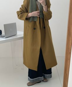 Ginger Yellow Woolen Mid-Length Coat for Women, Vintage Suit Collar, Thick Winter Overcoat, High-End Fashion