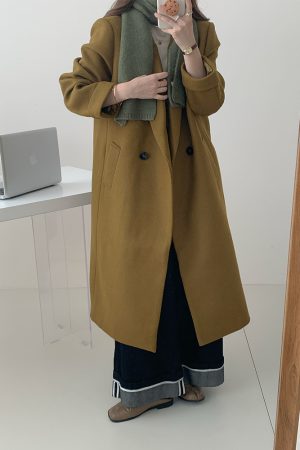 Ginger Yellow Woolen Mid-Length Coat for Women, Vintage Suit Collar, Thick Winter Overcoat, High-End Fashion