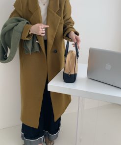 Ginger Yellow Woolen Mid-Length Coat for Women, Vintage Suit Collar, Thick Winter Overcoat, High-End Fashion