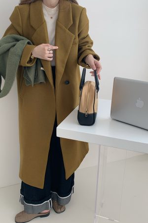 Ginger Yellow Woolen Mid-Length Coat for Women, Vintage Suit Collar, Thick Winter Overcoat, High-End Fashion