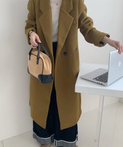 Ginger Yellow Woolen Mid-Length Coat for Women, Vintage Suit Collar, Thick Winter Overcoat, High-End Fashion