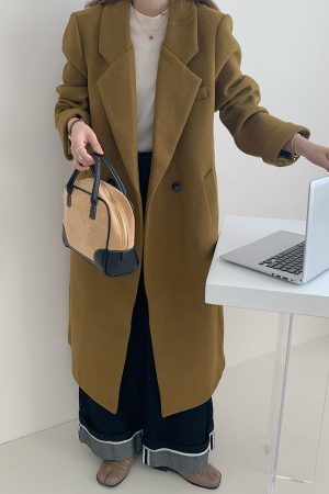 Ginger Yellow Woolen Mid-Length Coat for Women, Vintage Suit Collar, Thick Winter Overcoat, High-End Fashion