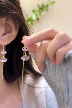 Ginkgo Leaf Amethyst Tassel Earrings for Women - Exquisite Versatile Design, Niche Luxury Jewelry, Trendy Accessories