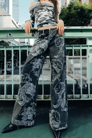 Girl In Dress Drawing, 2 Girls Drawing - Dragon Printed Jeans
