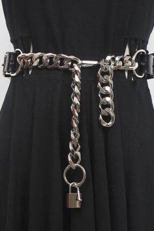 Girls Fit, Outfit For A Walk - Grunge Lock Faux Leather Chain Belt