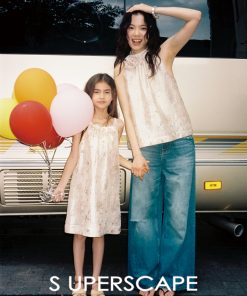 Girls' Glossy Jacquard Dress with 3D Handmade Floral Design and Wrinkled Print, Spaghetti Straps, Perfect for Special Occasions