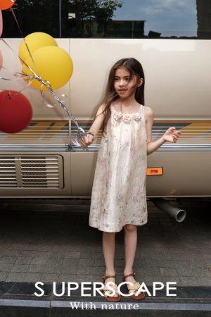 Girls' Glossy Jacquard Dress with 3D Handmade Floral Design and Wrinkled Print, Spaghetti Straps, Perfect for Special Occasions