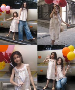 Girls' Glossy Jacquard Dress with 3D Handmade Floral Design and Wrinkled Print, Spaghetti Straps, Perfect for Special Occasions