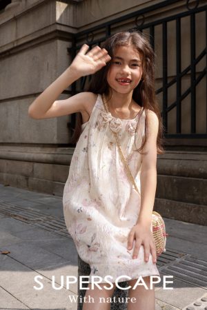 Girls' Glossy Jacquard Dress with 3D Handmade Floral Design and Wrinkled Print, Spaghetti Straps, Perfect for Special Occasions