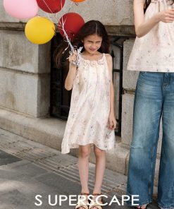 Girls' Glossy Jacquard Dress with 3D Handmade Floral Design and Wrinkled Print, Spaghetti Straps, Perfect for Special Occasions