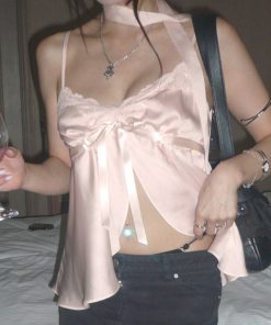 Girl's Heart Pink Lace Spliced Camisole - Satin Feel Split Top for Women, Y2K Style, Perfect for Summer Outfits