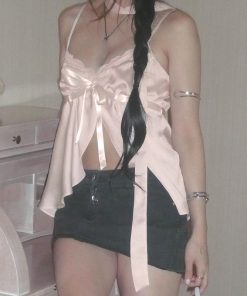 Girl's Heart Pink Lace Spliced Camisole - Satin Feel Split Top for Women, Y2K Style, Perfect for Summer Outfits