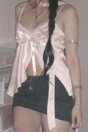 Girl's Heart Pink Lace Spliced Camisole - Satin Feel Split Top for Women, Y2K Style, Perfect for Summer Outfits