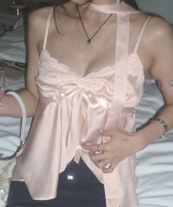 Girl's Heart Pink Lace Spliced Camisole - Satin Feel Split Top for Women, Y2K Style, Perfect for Summer Outfits