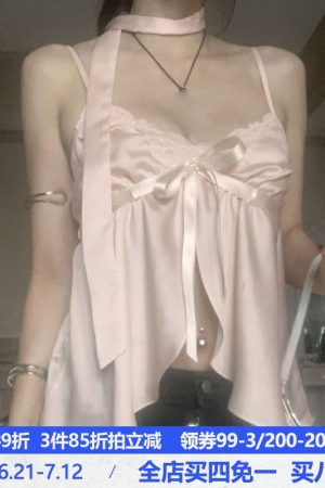 Girl's Heart Pink Lace Spliced Camisole - Satin Feel Split Top for Women, Y2K Style, Perfect for Summer Outfits