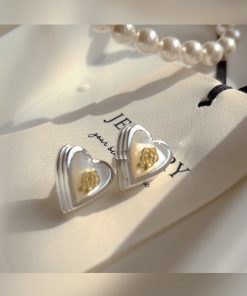 Glossy Heart Cat's Eye Stone Camellia Flower Stud Earrings - Pure Silver Needle, Niche Design, Trendy Jewelry for Unique Style