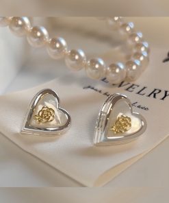 Glossy Heart Cat's Eye Stone Camellia Flower Stud Earrings - Pure Silver Needle, Niche Design, Trendy Jewelry for Unique Style