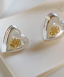 Glossy Heart Cat's Eye Stone Camellia Flower Stud Earrings - Pure Silver Needle, Niche Design, Trendy Jewelry for Unique Style