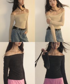 Glossy One-Shoulder Long Sleeve Fitted Pleated Slimming Knit Top - Chic Y2K Style for Effortless Elegance
