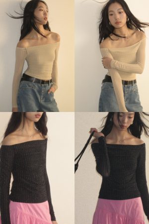 Glossy One-Shoulder Long Sleeve Fitted Pleated Slimming Knit Top - Chic Y2K Style for Effortless Elegance