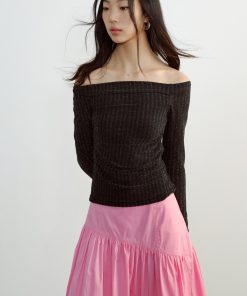 Glossy One-Shoulder Long Sleeve Fitted Pleated Slimming Knit Top - Chic Y2K Style for Effortless Elegance