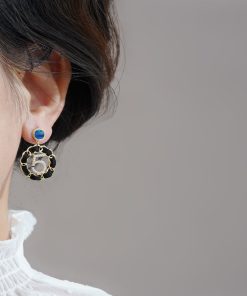 Gold Diamond Circle Stud Earrings - High-End Black Temperament Ear Drops, Trendy 2025 Design for Chic Style