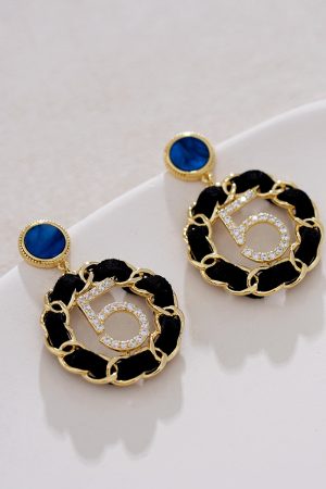 Gold Diamond Circle Stud Earrings - High-End Black Temperament Ear Drops, Trendy 2025 Design for Chic Style