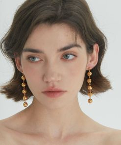 Gold-Plated Long Pendant Round Ball Earrings - Minimalist Hollow Brass Studs in Vintage French European American Style