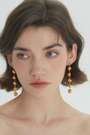 Gold-Plated Long Pendant Round Ball Earrings - Minimalist Hollow Brass Studs in Vintage French European American Style