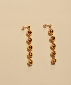 Gold-Plated Long Pendant Round Ball Earrings - Minimalist Hollow Brass Studs in Vintage French European American Style