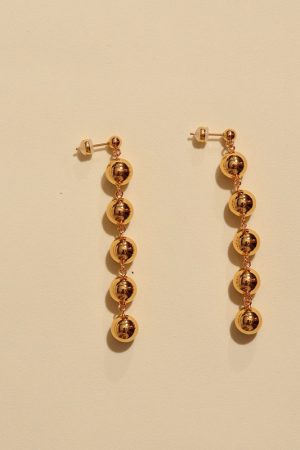 Gold-Plated Long Pendant Round Ball Earrings - Minimalist Hollow Brass Studs in Vintage French European American Style