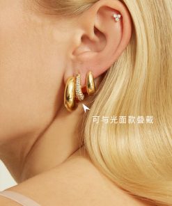 Gold-Plated Oval Water Drop Earrings with Diamond-Inlaid Design - Minimalist Luxury Ear Clips for American Streetwear Style