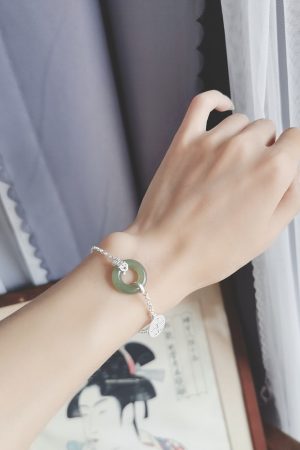 Gold-Plated Silver Bracelet with Hetian Jade Peace Pendant for Women - Niche Design, Light Luxury Retro Style, Summer Accessory