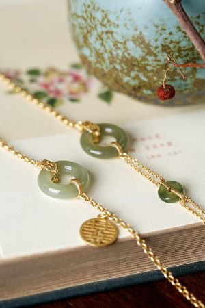 Gold-Plated Silver Bracelet with Hetian Jade Peace Pendant for Women - Niche Design, Light Luxury Retro Style, Summer Accessory