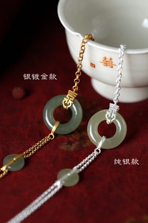 Gold-Plated Silver Bracelet with Hetian Jade Peace Pendant for Women - Niche Design, Light Luxury Retro Style, Summer Accessory