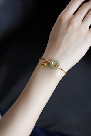 Gold-Plated Silver Bracelet with Hetian Jade Peace Pendant for Women - Niche Design, Light Luxury Retro Style, Summer Accessory