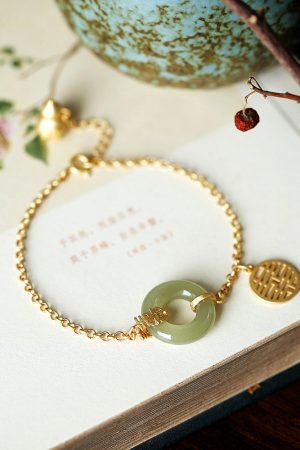 Gold-Plated Silver Bracelet with Hetian Jade Peace Pendant for Women - Niche Design, Light Luxury Retro Style, Summer Accessory