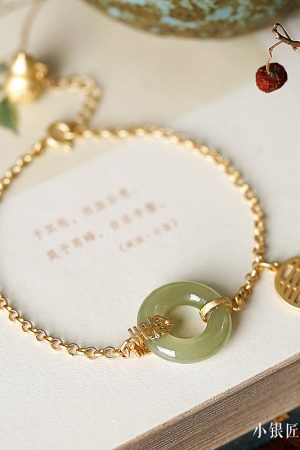 Gold-Plated Silver Bracelet with Hetian Jade Peace Pendant for Women - Niche Design, Light Luxury Retro Style, Summer Accessory