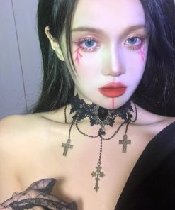 Gothic Dark Lolita Lace Cross Choker Necklace - Punk Collar for Women, Halloween Style, Vintage-Inspired Accessory