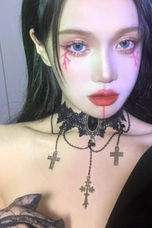 Gothic Dark Lolita Lace Cross Choker Necklace - Punk Collar for Women, Halloween Style, Vintage-Inspired Accessory