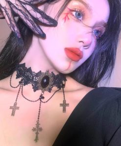 Gothic Dark Lolita Lace Cross Choker Necklace - Punk Collar for Women, Halloween Style, Vintage-Inspired Accessory