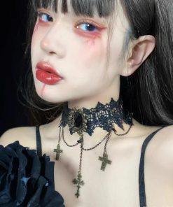 Gothic Dark Lolita Lace Cross Choker Necklace - Punk Collar for Women, Halloween Style, Vintage-Inspired Accessory
